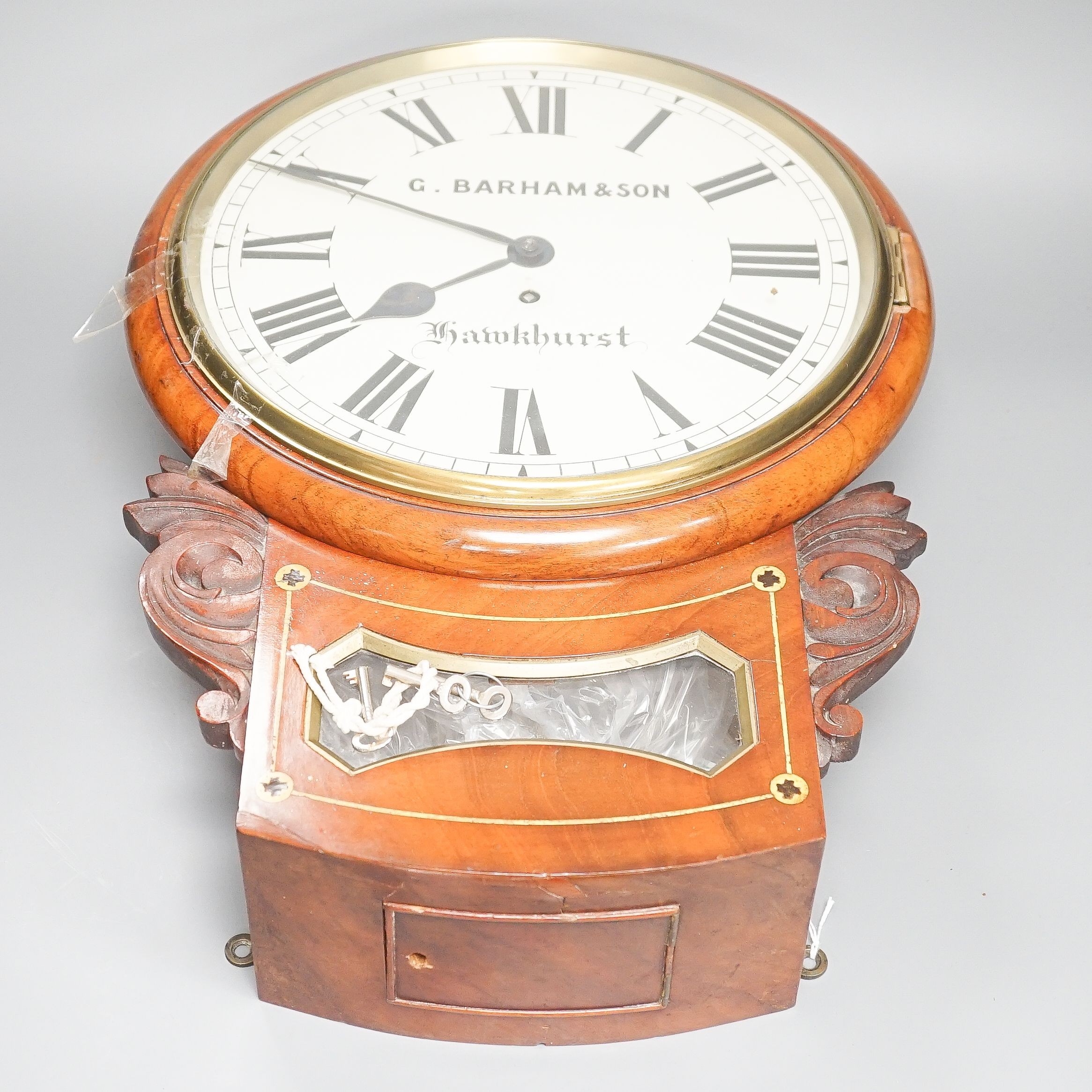 G. Barham & son, Hawkhurst mahogany drop dial wall clock clock 50cm, Single fusee movement